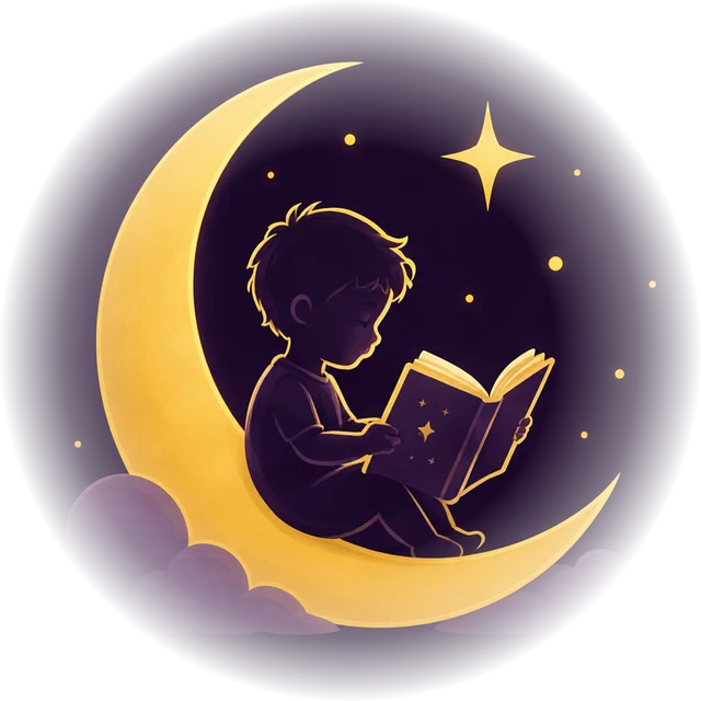 A child reading a book while sitting on a glowing crescent moon